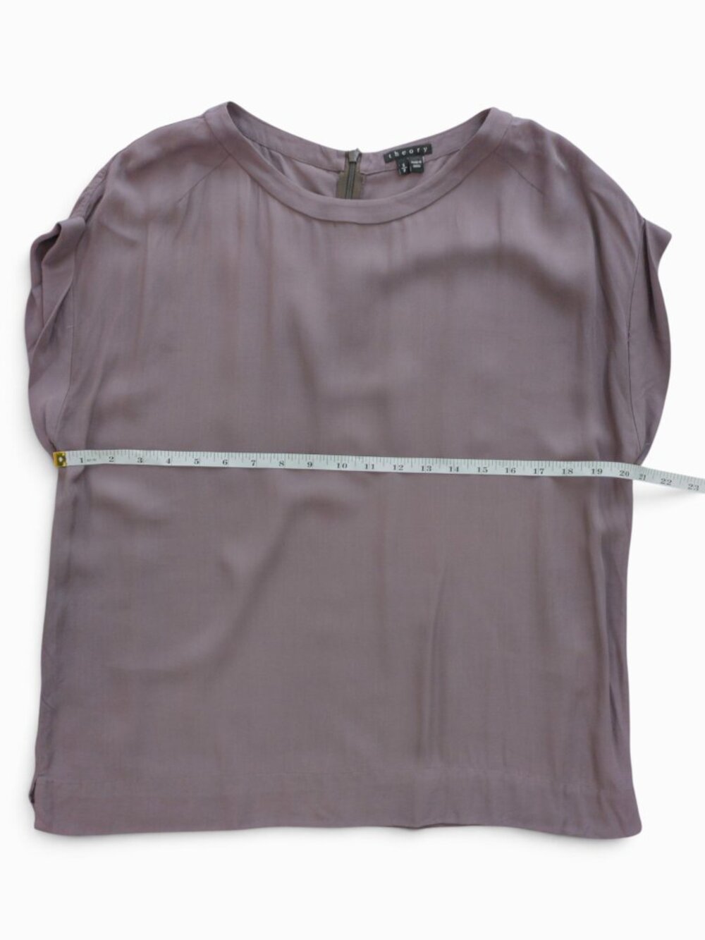 Theory Draped Rayon Top Sz S, Taupe-Mauve, Extended Shoulder Blouse - Picture 7 of 14